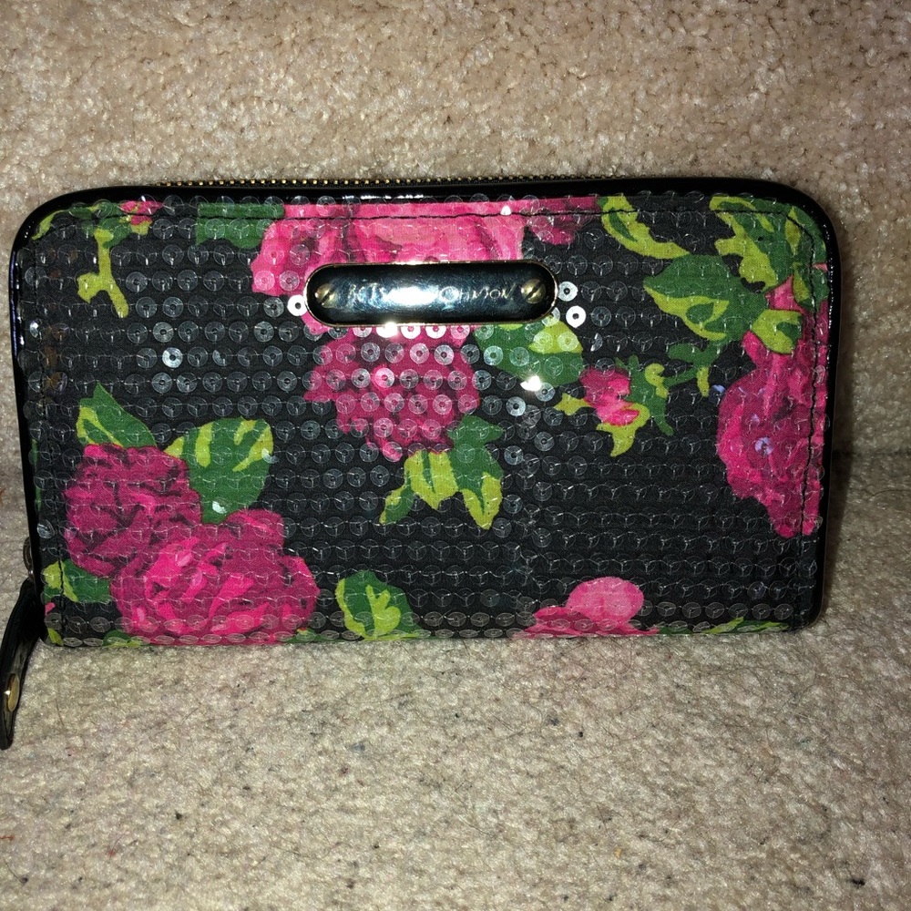Betsey Johnson black/pink floral sequence wallet.